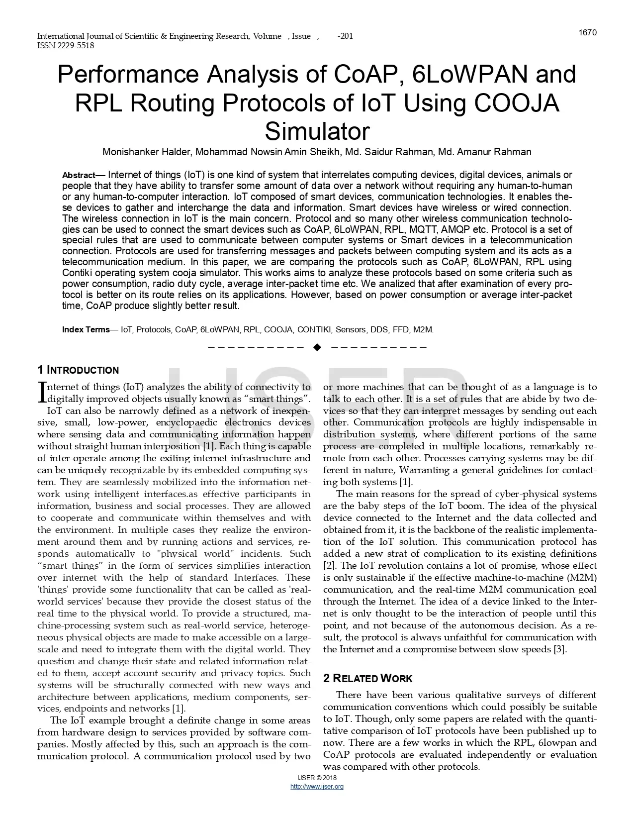 Performance Analysis of CoAP, 6LoWPAN and RPL Routing Protocols of IoT Using COOJA Simulator